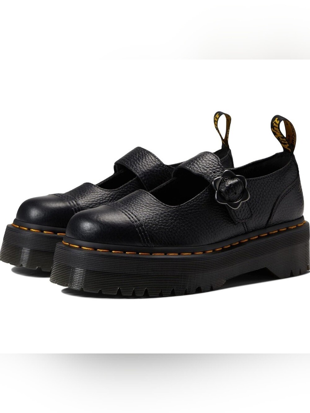 Dr. Martens Black Addina Flower Mary Jane Platform Shoes with Yellow Stitching - Picture 8 of 8